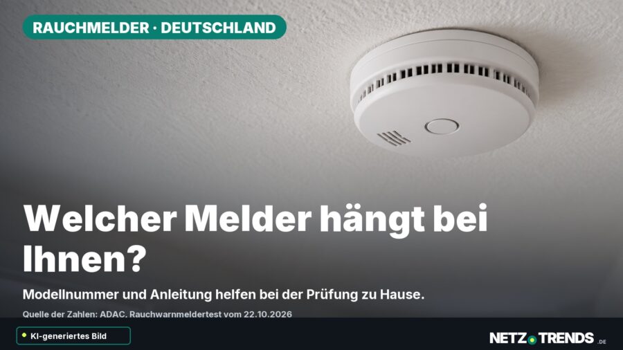 Generierter neutraler Rauchmelder an einer Zimmerdecke mit der Frage „Welcher Melder hängt bei Ihnen?“, sichtbarem KI-Hinweis und NETZ-TRENDS-Logo.