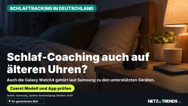 KI-generiertes Symbolmotiv einer neutralen Smartwatch und eines Smartphones am Bett; Karte fragt nach der Notwendigkeit einer neuen Uhr und nennt die unterstützte Galaxy Watch4; originales NETZ-TRENDS-Logo.