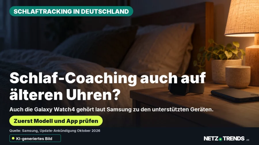 KI-generiertes Symbolmotiv einer neutralen Smartwatch und eines Smartphones am Bett; Karte fragt nach der Notwendigkeit einer neuen Uhr und nennt die unterstützte Galaxy Watch4; originales NETZ-TRENDS-Logo.