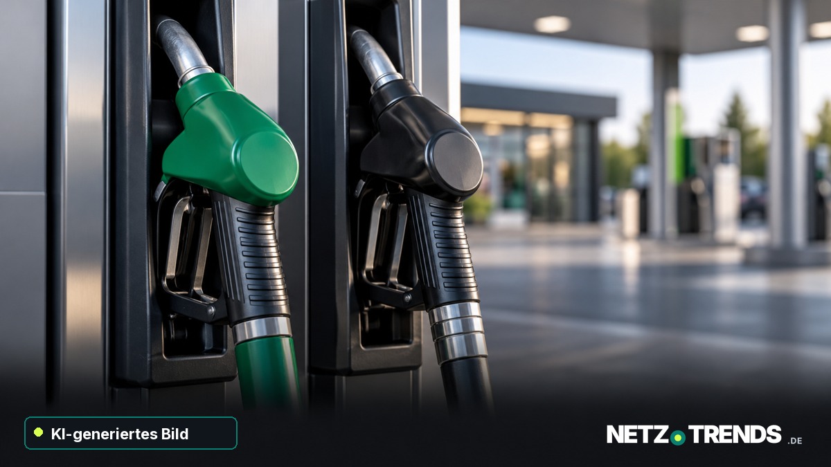 KI-generiertes Symbolbild: grüne und schwarze Zapfpistole an einer fiktiven Tankstelle; NETZ-TRENDS-Logo und KI-Kennzeichnung.