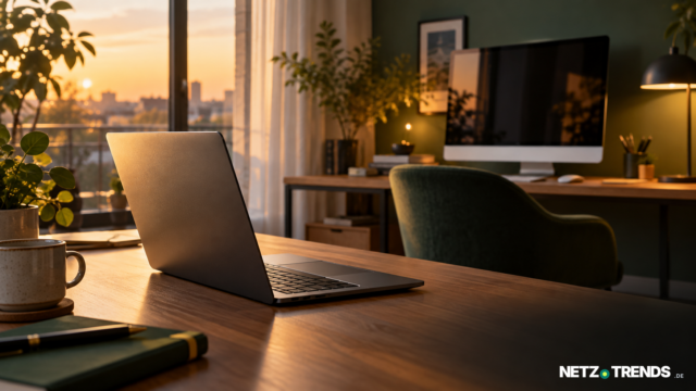 KI-generiertes Symbolbild: Ein unmarkierter Laptop auf einem Schreibtisch vor einem All-in-One-Computer; keine konkreten Apple-Produkte. NETZ-TRENDS-Logo unten rechts.