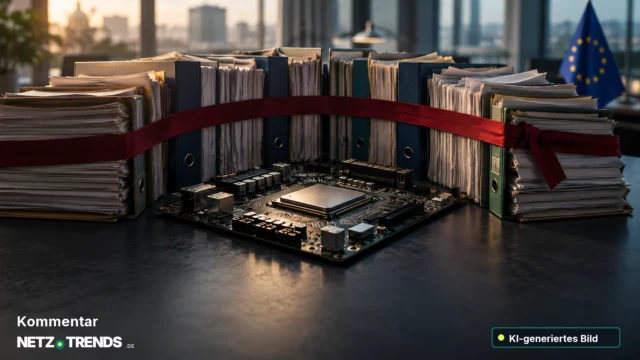 KI-generiertes Symbolmotiv: Eine Computerplatine ist von dicken Aktenordnern und rotem Band umgeben; im Hintergrund eine europäische Flagge. Originales NETZ-TRENDS-Logo unten links mit Kommentar darüber.
