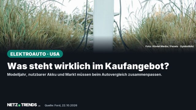 Symbolbild: Eine Ladestation als Symbolbild für Elektromobilität. Kein Produktfoto des Mustang Mach-E. Aufmacherfrage: Was steht wirklich im Kaufangebot? Originales NETZ-TRENDS-Logo.
