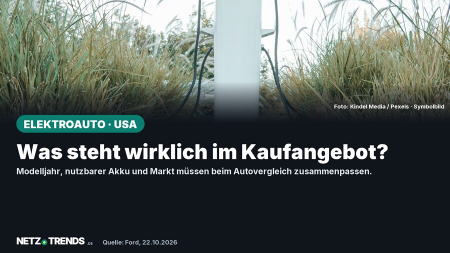 Symbolbild: Eine Ladestation als Symbolbild für Elektromobilität. Kein Produktfoto des Mustang Mach-E. Aufmacherfrage: Was steht wirklich im Kaufangebot? Originales NETZ-TRENDS-Logo.