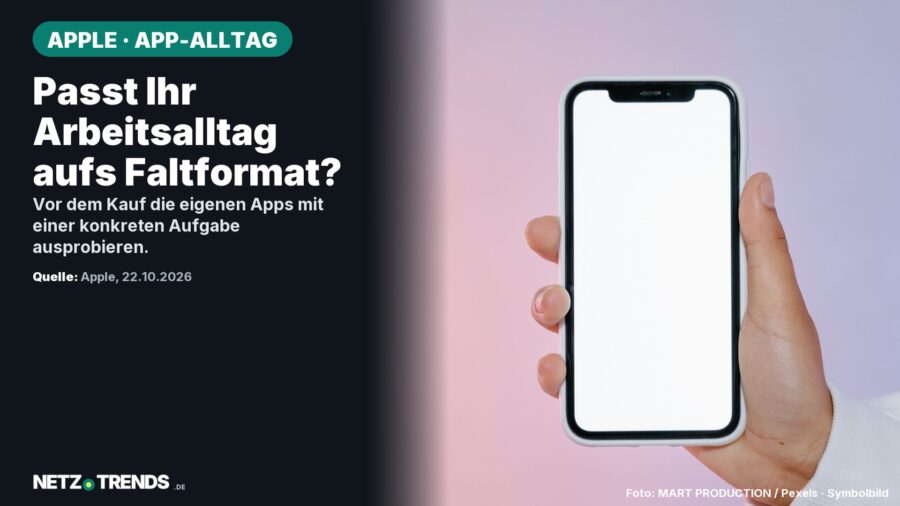 Symbolbild: Ein Smartphone mit leerem Bildschirm als Symbolbild. Es zeigt kein iPhone Duo. Aufmacherfrage: Passt Ihr Arbeitsalltag aufs Faltformat? Originales NETZ-TRENDS-Logo.