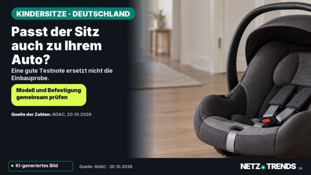 KI-generiertes Symbolmotiv einer unbesetzten neutralen Babyschale mit der Frage, ob der Sitz zum eigenen Auto passt; kein getestetes Produkt.
