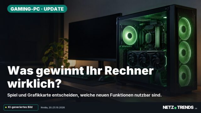 KI-generiertes Symbolmotiv: eines neutralen Gaming-Computers mit Grafikkarte Aufmacherfrage: Was gewinnt Ihr Rechner wirklich? Originales NETZ-TRENDS-Logo.