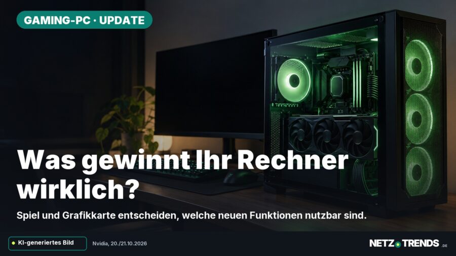KI-generiertes Symbolmotiv: eines neutralen Gaming-Computers mit Grafikkarte Aufmacherfrage: Was gewinnt Ihr Rechner wirklich? Originales NETZ-TRENDS-Logo.