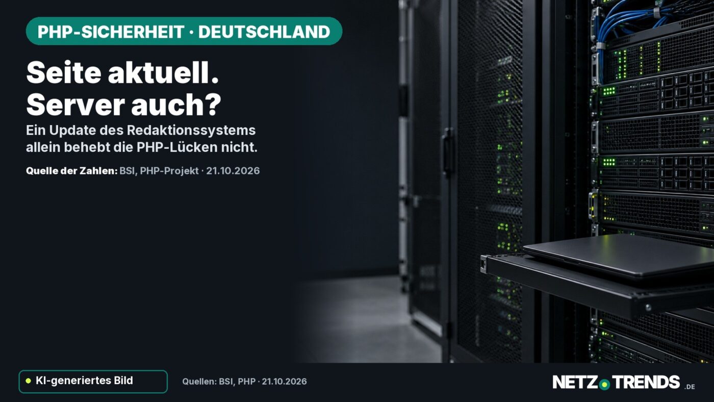 Symbolische Serverracks mit Wartungsrechner; Aufmacher: Seite aktuell. Server auch? Ein Update des Redaktionssystems allein behebt die PHP-Lücken nicht.