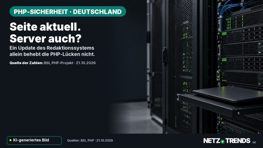 Symbolische Serverracks mit Wartungsrechner; Aufmacher: Seite aktuell. Server auch? Ein Update des Redaktionssystems allein behebt die PHP-Lücken nicht.