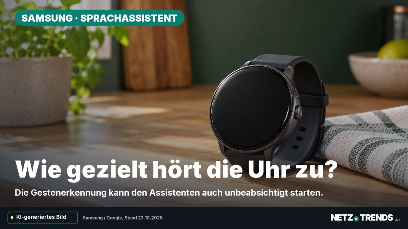 KI-generiertes Symbolmotiv: einer neutralen Smartwatch auf einer Küchenarbeitsplatte Aufmacherfrage: Wie gezielt hört die Uhr zu? Originales NETZ-TRENDS-Logo.
