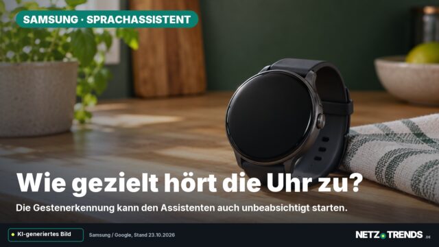 KI-generiertes Symbolmotiv: einer neutralen Smartwatch auf einer Küchenarbeitsplatte Aufmacherfrage: Wie gezielt hört die Uhr zu? Originales NETZ-TRENDS-Logo.