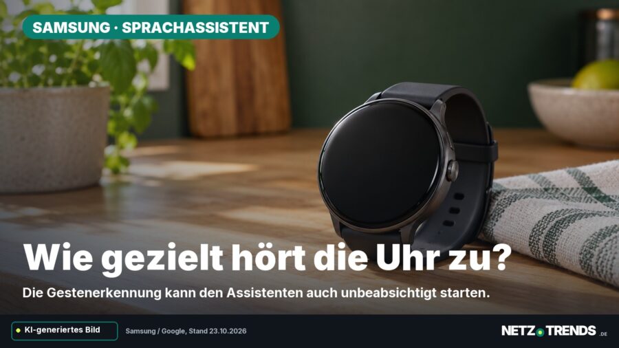 KI-generiertes Symbolmotiv: einer neutralen Smartwatch auf einer Küchenarbeitsplatte Aufmacherfrage: Wie gezielt hört die Uhr zu? Originales NETZ-TRENDS-Logo.