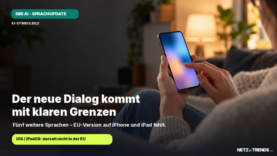 KI-generiertes Symbolbild mit Hand und Smartphone; keine echte Siri-Oberfläche.