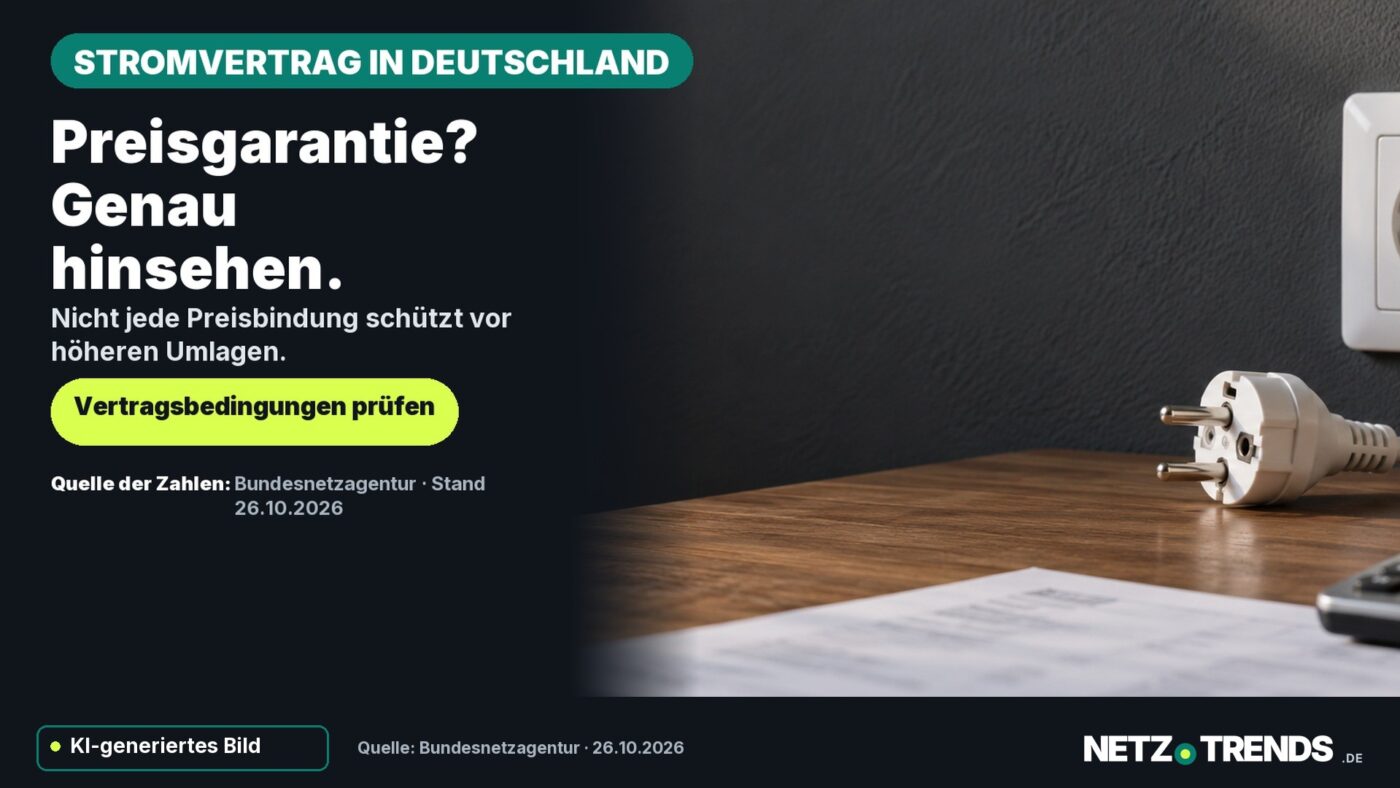 Symbolische Steckdose, Stecker und Taschenrechner; Hinweis, beim Stromvertrag auch die Garantie zu prüfen. KI-generiertes Bild mit originalem NETZ-TRENDS-Logo.