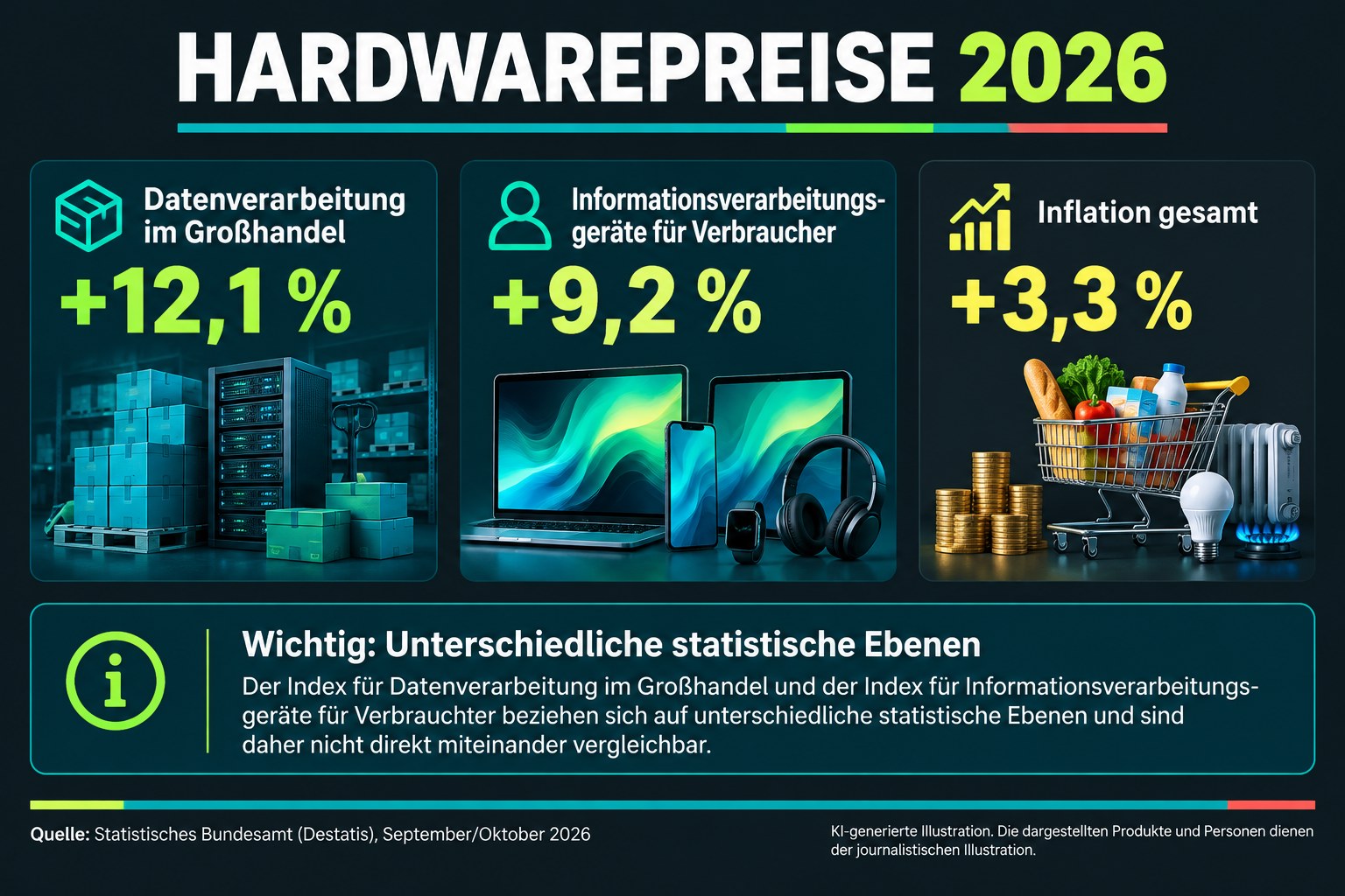 Infografik zu PC- und Hardwarepreisen 2026: Großhandel plus 12,1 Prozent, Verbraucher plus 9,2 Prozent, Inflation plus 3,3 Prozent