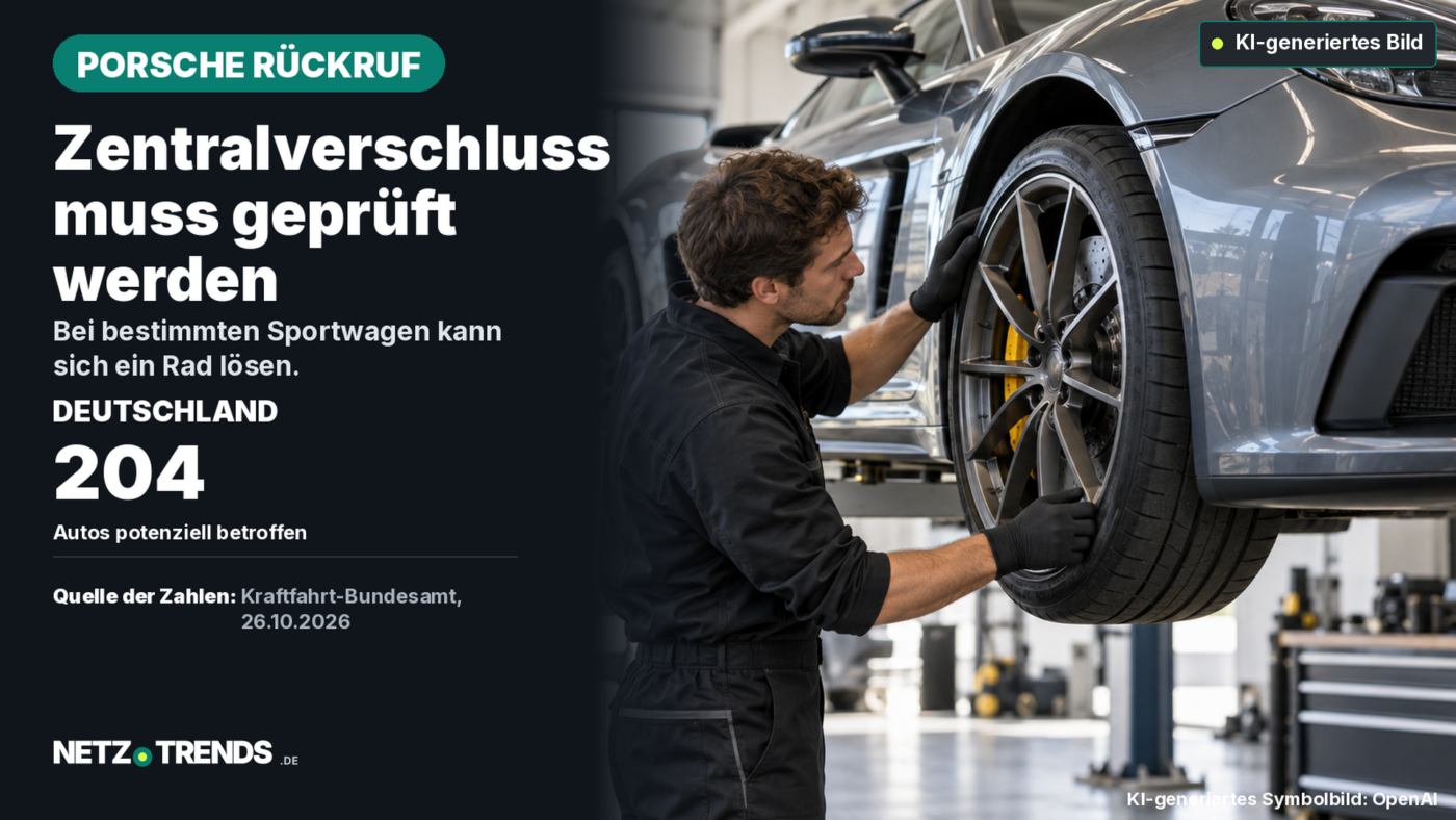 Mechaniker prüft das Rad eines angehobenen Sportwagens in einer Werkstatt; daneben steht die Zahl 204.