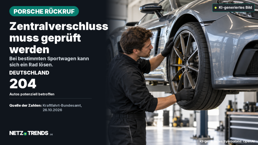 Mechaniker prüft das Rad eines angehobenen Sportwagens in einer Werkstatt; daneben steht die Zahl 204.