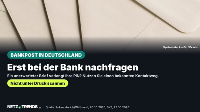 Unbeschriftete Briefumschläge als Symbolbild; Hinweis Erst bei der Bank nachfragen, Quelle und NETZ-TRENDS-Logo.