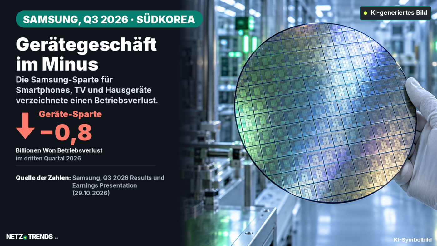 Aufmacherkachel mit einem Silizium-Wafer in einer Chipfertigung und dem Hinweis auf Samsungs Geräte-Sparte: 0,8 Billionen Won Betriebsverlust im dritten Quartal 2026.