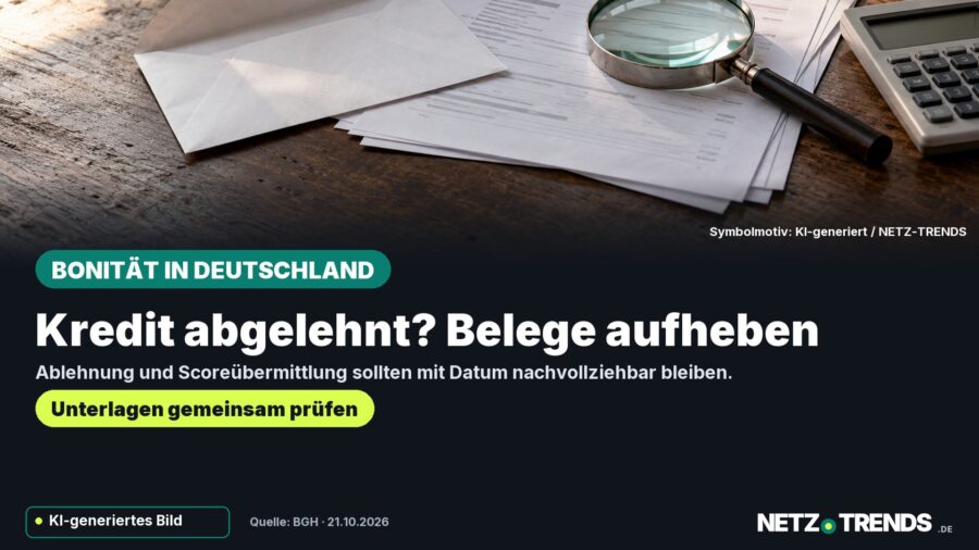 Symbolmotiv mit Briefumschlag, Finanzunterlagen, Lupe und Taschenrechner; Hinweis, Belege nach einer Kreditabsage aufzubewahren.