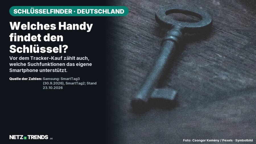 Alter Schlüssel auf dunklem Holz als Symbolbild; Aufmacher fragt, welches Handy den Schlüssel findet, mit originalem NETZ-TRENDS-Logo.