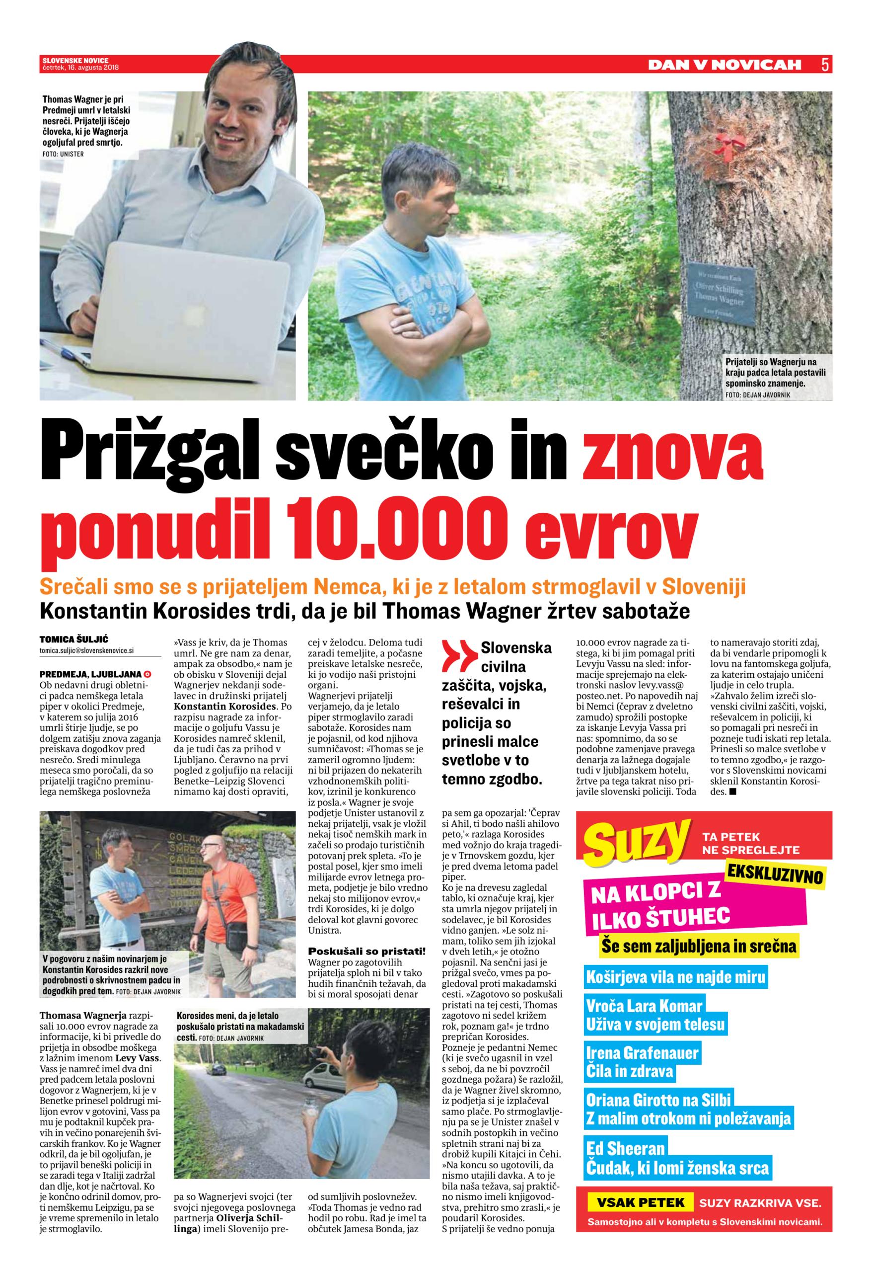 Original-Zeitungsseite Slovenske Novice: Besuch an der Absturzstelle, Kerze und 10.000 Euro Belohnung