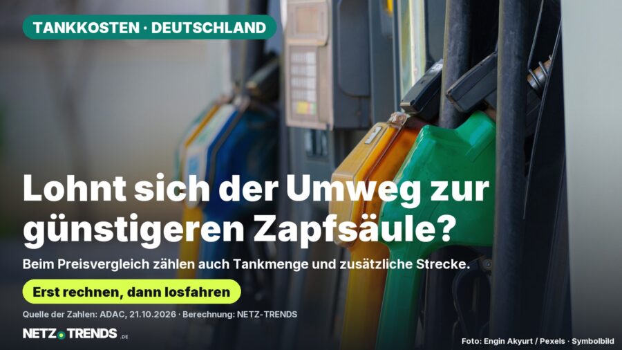 Grüne und gelbe Zapfpistolen als Symbolbild; Aufmacher fragt nach dem Nutzen eines Umwegs zur günstigeren Tankstelle, mit NETZ-TRENDS-Logo.