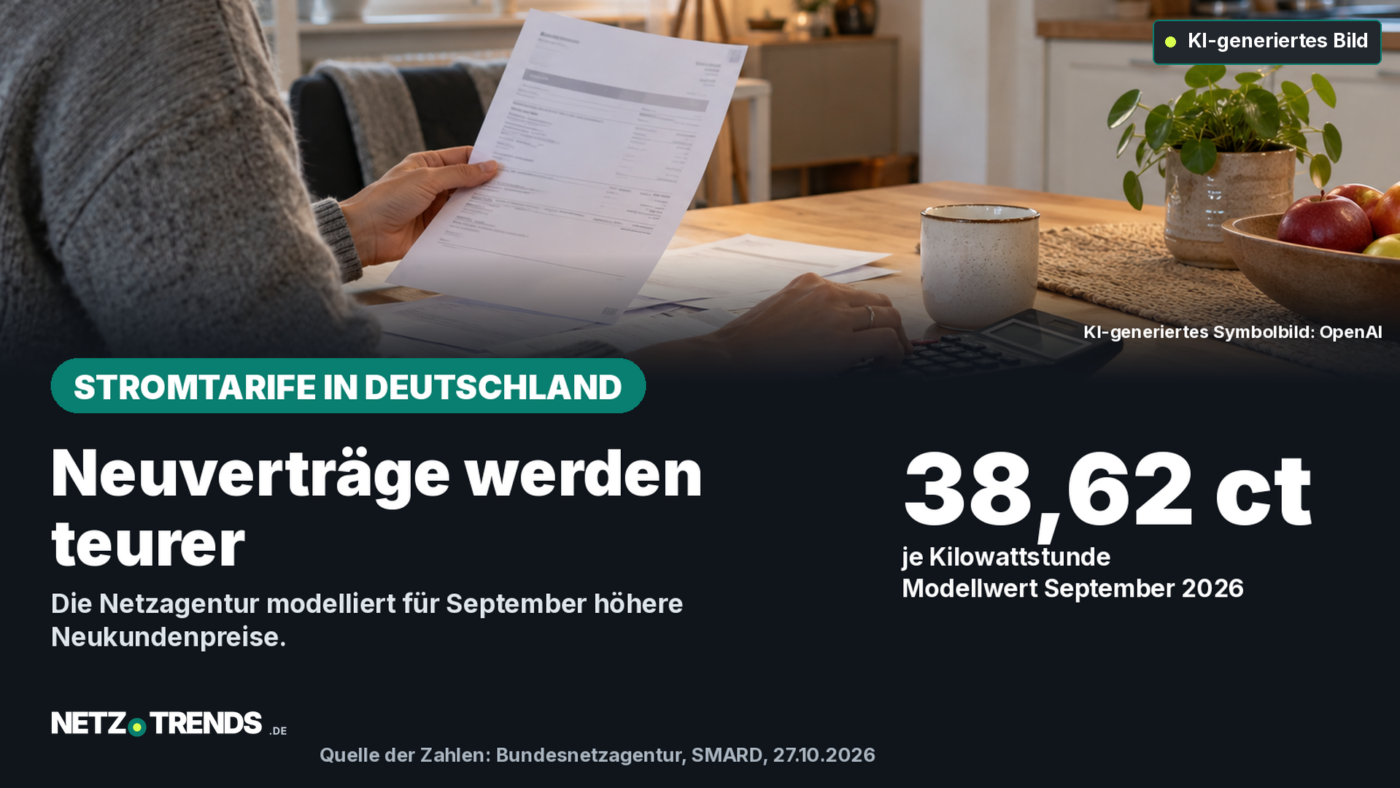 Eine Person prüft Unterlagen an einem Küchentisch; darunter stehen 38,62 Cent je Kilowattstunde als Modellwert.