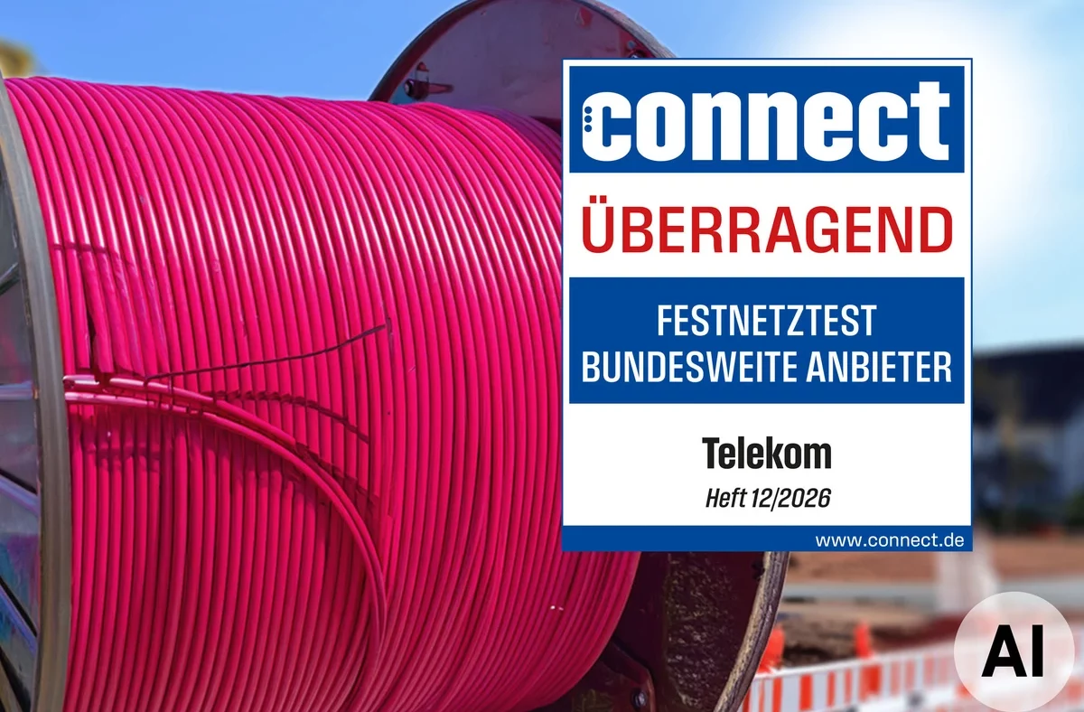 Das connect-Siegel „überragend" für den Festnetztest 2026 bei den bundesweiten Anbietern, verliehen an die Deutsche Telekom, auf einer KI-generierten Illustration mit Glasfaserkabelrolle