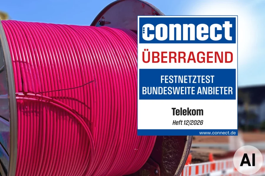 Das connect-Siegel „überragend" für den Festnetztest 2026 bei den bundesweiten Anbietern, verliehen an die Deutsche Telekom, auf einer KI-generierten Illustration mit Glasfaserkabelrolle