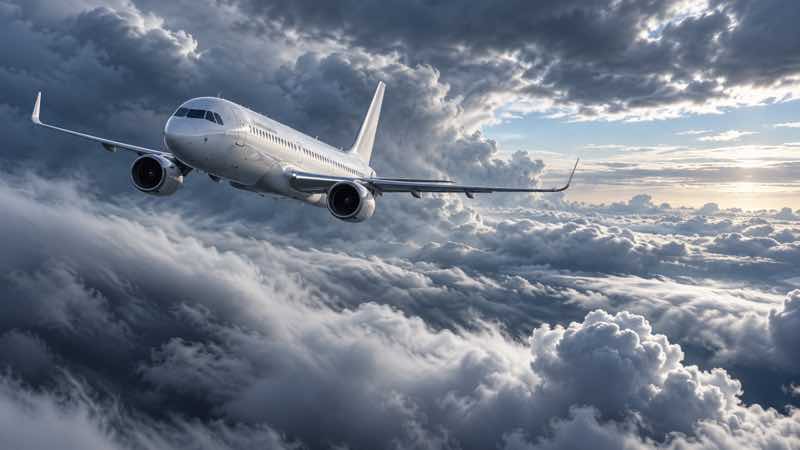 Passagierflugzeug vor dichten Wolken als Symbol für Turbulenzen und Flugsicherheit