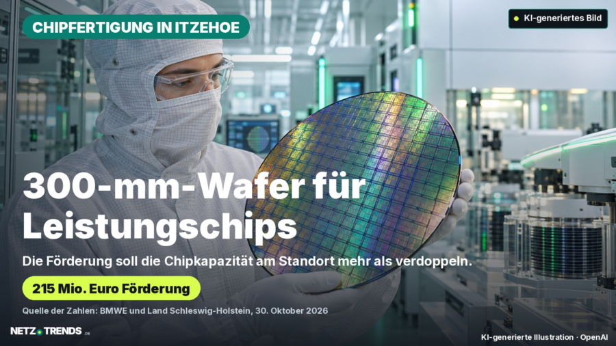 Fachkraft im Reinraum hält einen Siliziumwafer mit Halbleiterstrukturen; oben rechts steht „KI-generiertes Bild“.