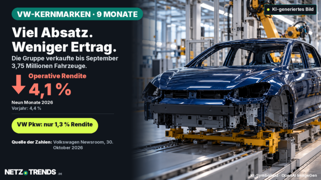 Aufmacherkarte mit einem unmarkierten Elektroauto an der Montagelinie; der Text nennt die operative Rendite der VW-Kernmarken.