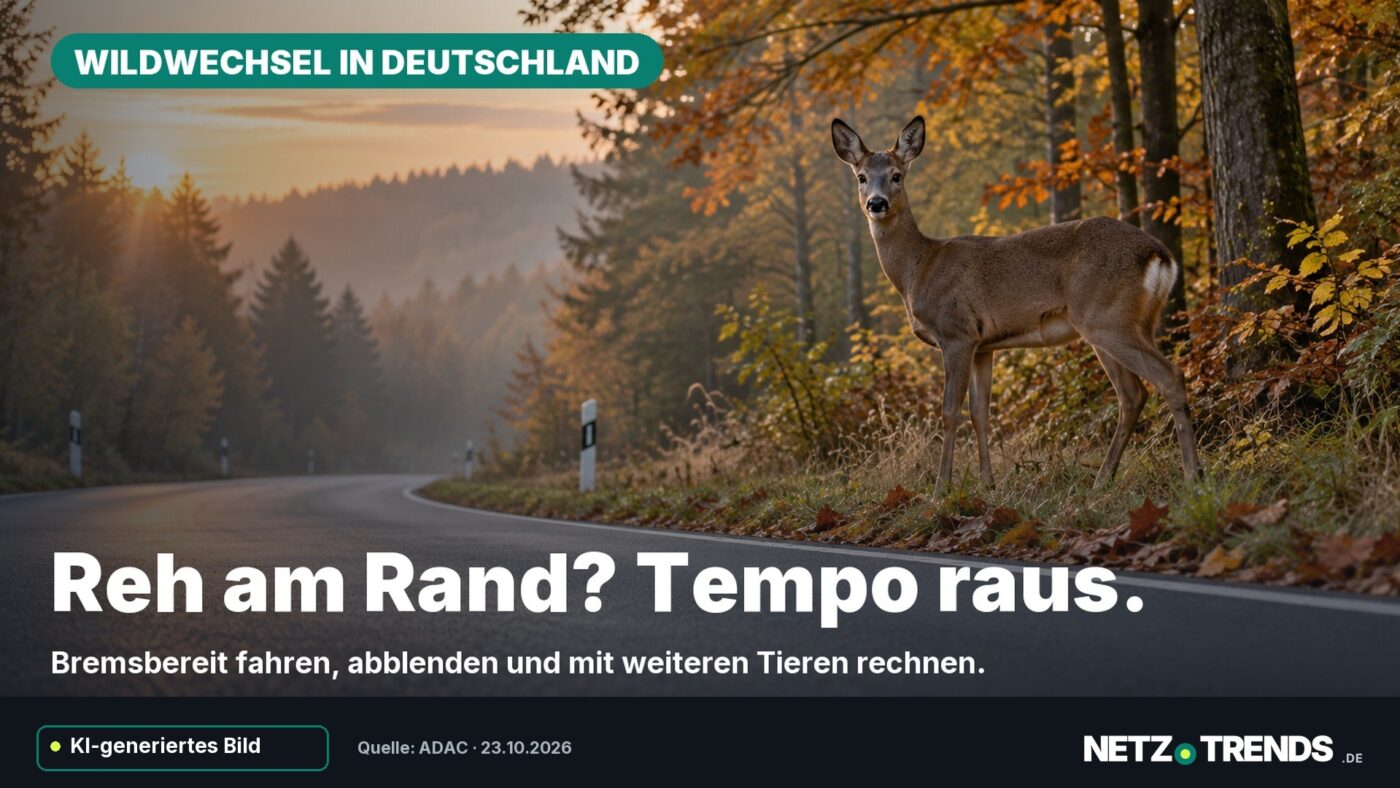 KI-generiertes Symbolmotiv: Reh am Rand einer herbstlichen Landstraße; Hinweis, bremsbereit zu fahren. Originales NETZ-TRENDS-Logo und KI-Kennzeichnung.
