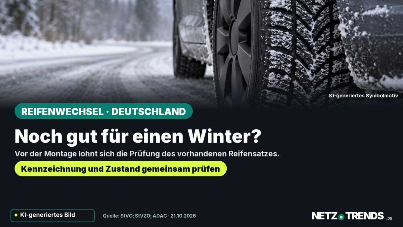 KI-Symbolmotiv eines Reifens auf Schnee; Aufmacher fragt nach der Eignung für eine weitere Wintersaison, mit NETZ-TRENDS-Logo und KI-Kennzeichnung.