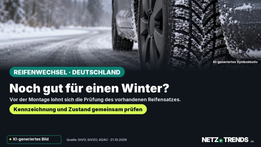 KI-Symbolmotiv eines Reifens auf Schnee; Aufmacher fragt nach der Eignung für eine weitere Wintersaison, mit NETZ-TRENDS-Logo und KI-Kennzeichnung.