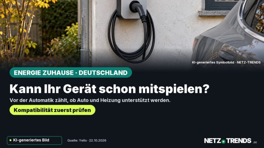 KI-Symbolmotiv einer neutralen Wallbox mit Ladekabel; Aufmacher fragt nach Geräteunterstützung beim Energiemanagement.